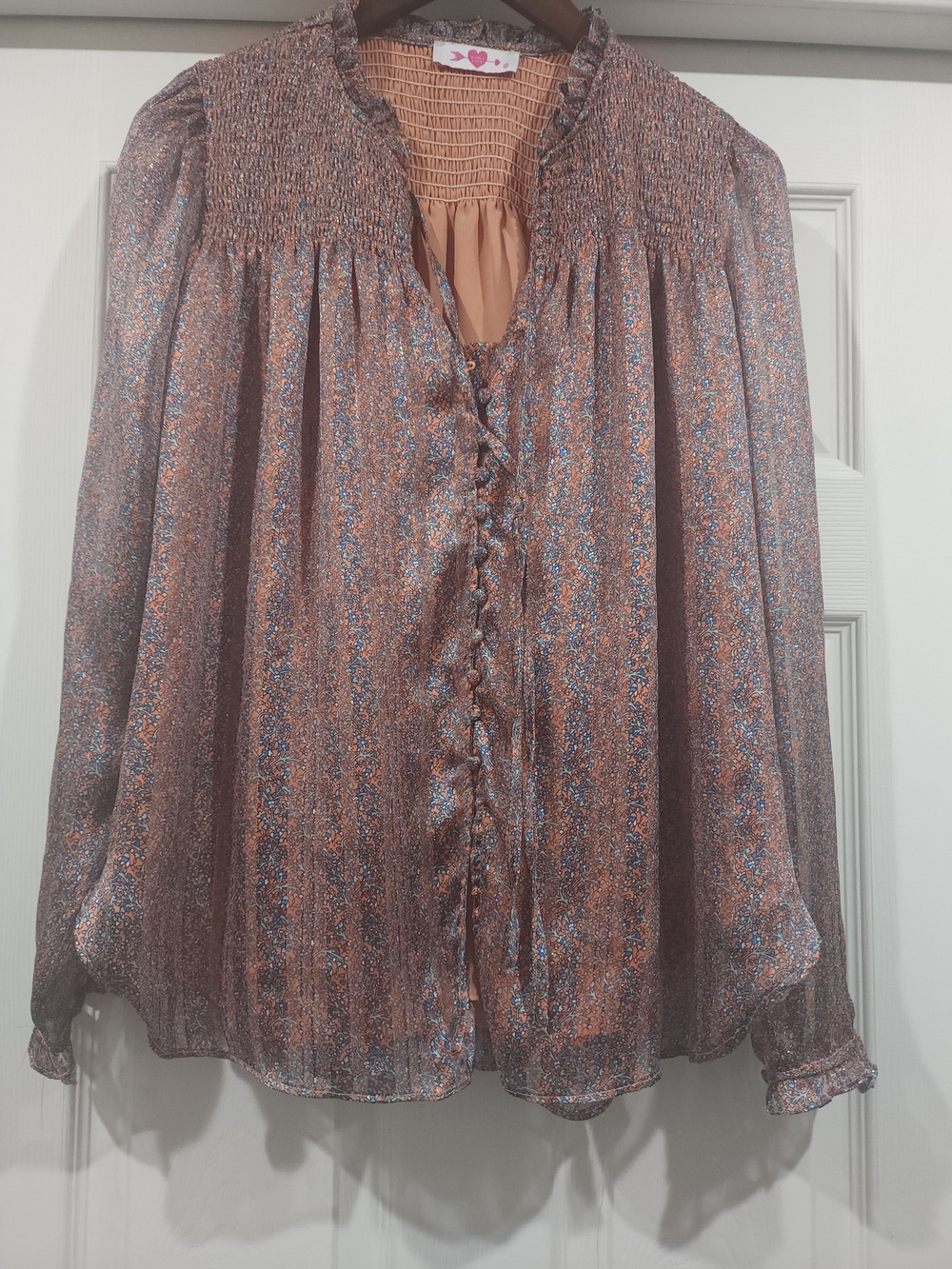 Buddy Love Southern Boho Copper Pink Metallic Ruffle Blouse M